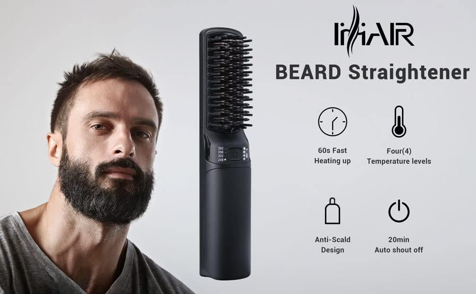 Premium Beard Mini Straightener Brush, Professional Straightener Brush for Men, Rechargeable 6400 mAh Straightening Tool Heated Comb, for Short & Long Beards for Home and Travel
