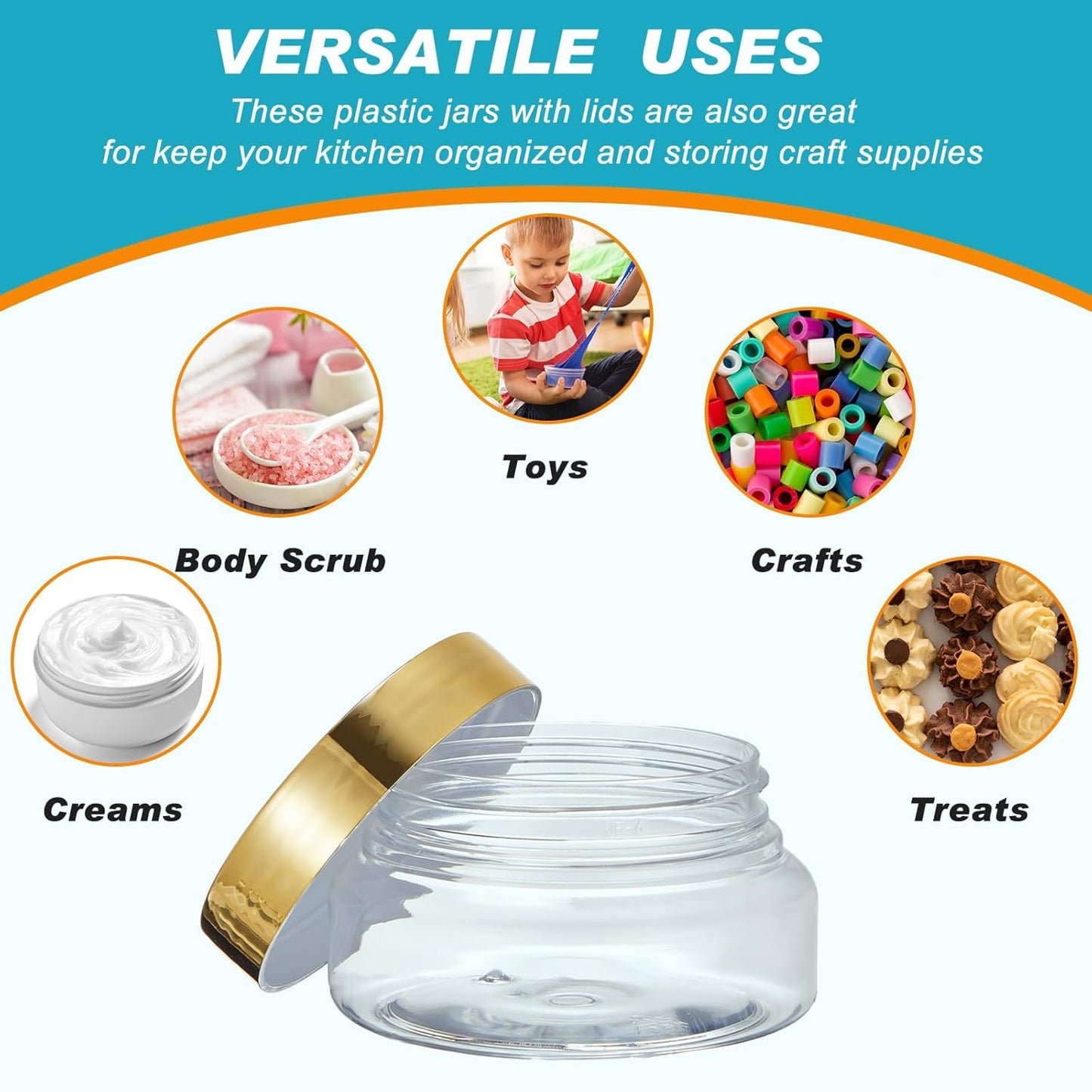 Tessco 24 Pack Plastic Jars with Lids Labels Empty Clear Plastic Jars Round Refillable Cosmetic Containers Body Butter Containers Bulk Sugar Scrub Bottle for Make Up(5 oz,Gold)