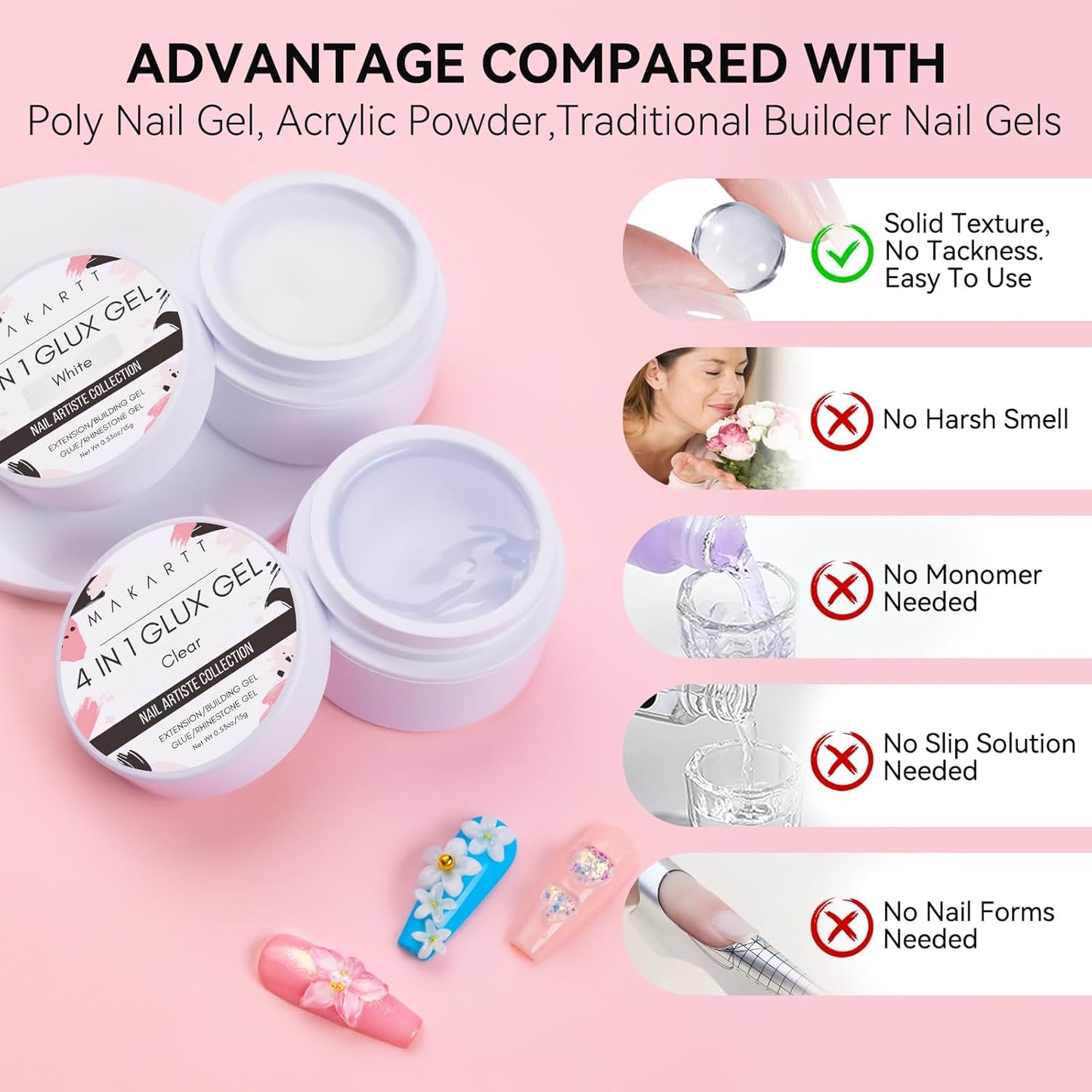 Makartt 3D Gel Nail Art: 4-in-1 Clear & White Solid Gel Builder Non-sticky for Extension 3D Sculpting Nail, UV Glue for Acrylic Nails, Rhinestones & Sculpture Hard Gels for Nails UV/LED Lamp Required