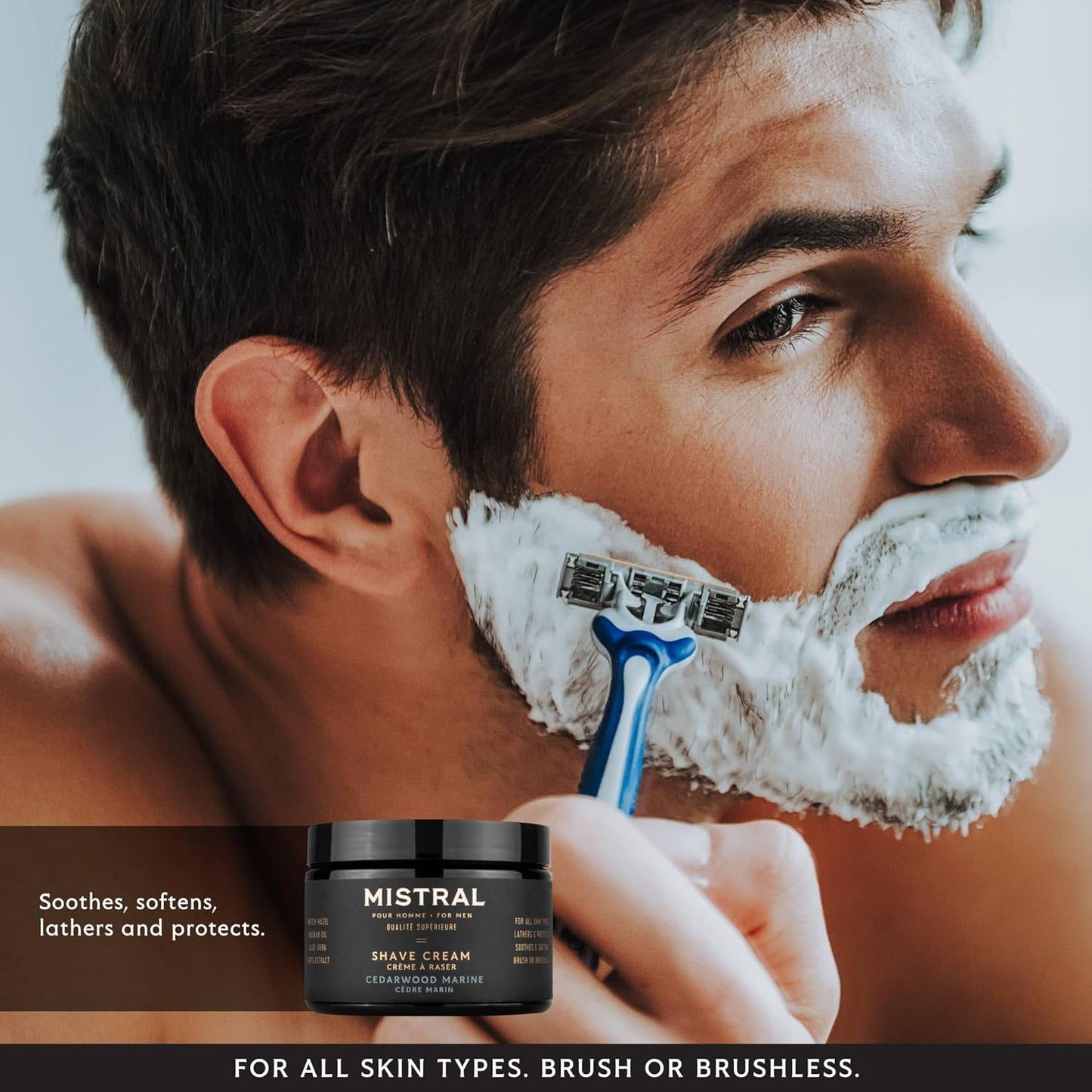 Mistral Cedarwood Marine Shaving Cream for Men | Smooth Triple Layered Foam | Men’s Shave Cream with Organic Plant Extracts | pH-balanced, Phthalates & Paraben-Free | Made in USA. 9oz Tub