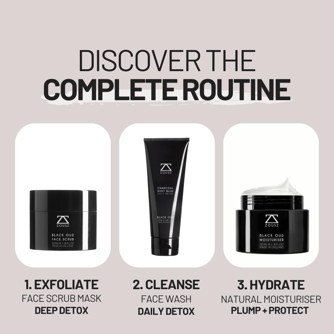 Black Oud Charcoal Men’s Face Scrub & Mask – Deep Cleansing Exfoliating Clay Face Wash with Activated Charcoal, Salicylic Acid & Hyaluronic Acid – Clears Pores & Revives Skin – 50ml