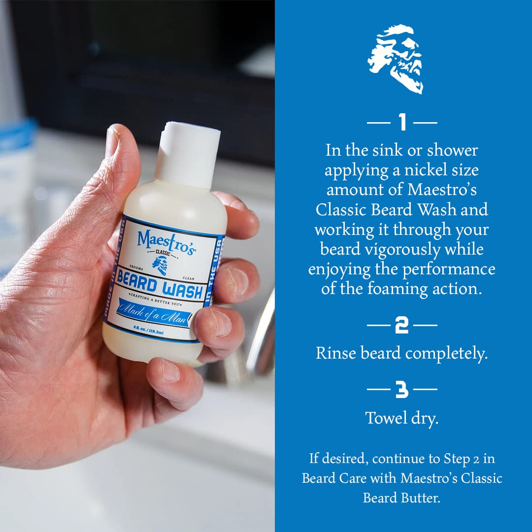 Maestro's Classic BEARD WASH | Anti-Itch, Deep Cleaning, Non-Drying, Fully Hydrating Gentle Cleanser For All Beard Types & Lengths- Mark of a Man Blend, 2 Ounce
