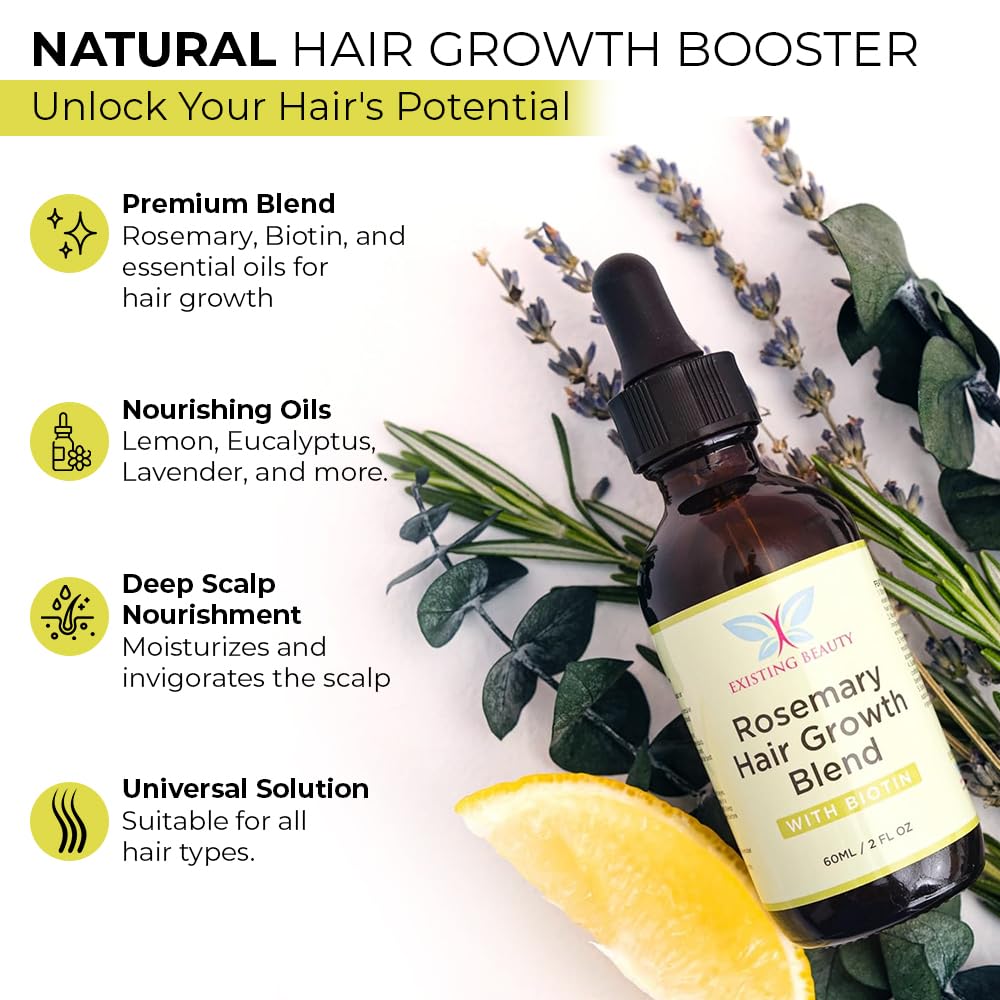 Rosemary Oil for Hair Growth - Biotin & Natural Blend by Existing Beauty - Stimulates Scalp, Nourishes Roots, Promotes Thicker, Fuller Hair for Women & Men - 2.02 fl oz by Existing Beauty