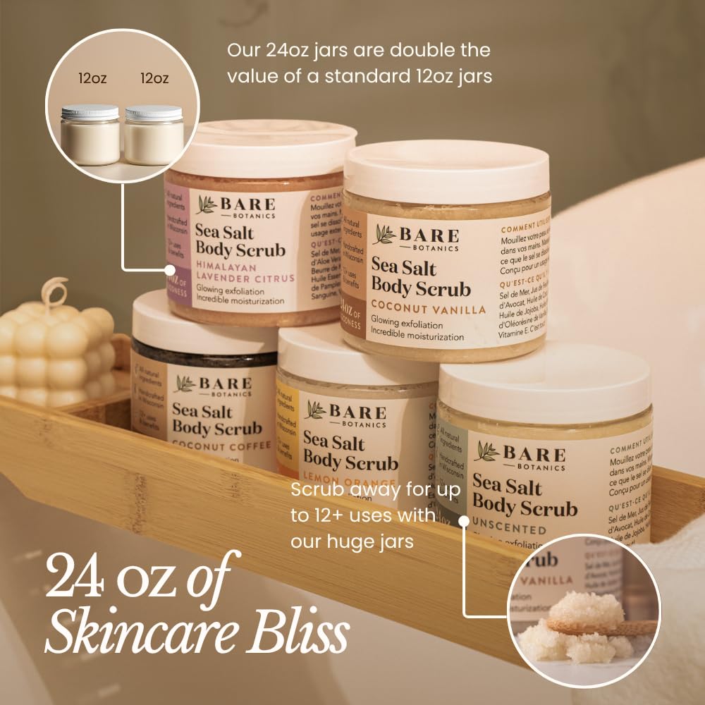 Bare Botanics Lavender Grapefruit Body Scrub 24 oz - Naturally Scented Himalayan Salt Scrub Made in Madison WI - Formulated w/Skin Loving Moisturizers - Cruelty Free Exfoliator w/a Cute Wooden Spoon