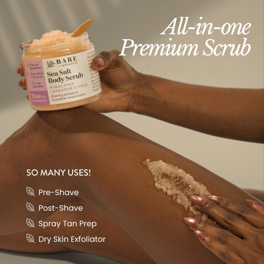 Bare Botanics Coconut Vanilla Body Scrub 24oz | Made in Madison, WI | All Natural Sea Salt Exfoliator w/ Skin Loving Moisturizers | Vegan & Cruelty Free | Gift Ready Packaging w/ a Cute Wooden Spoon