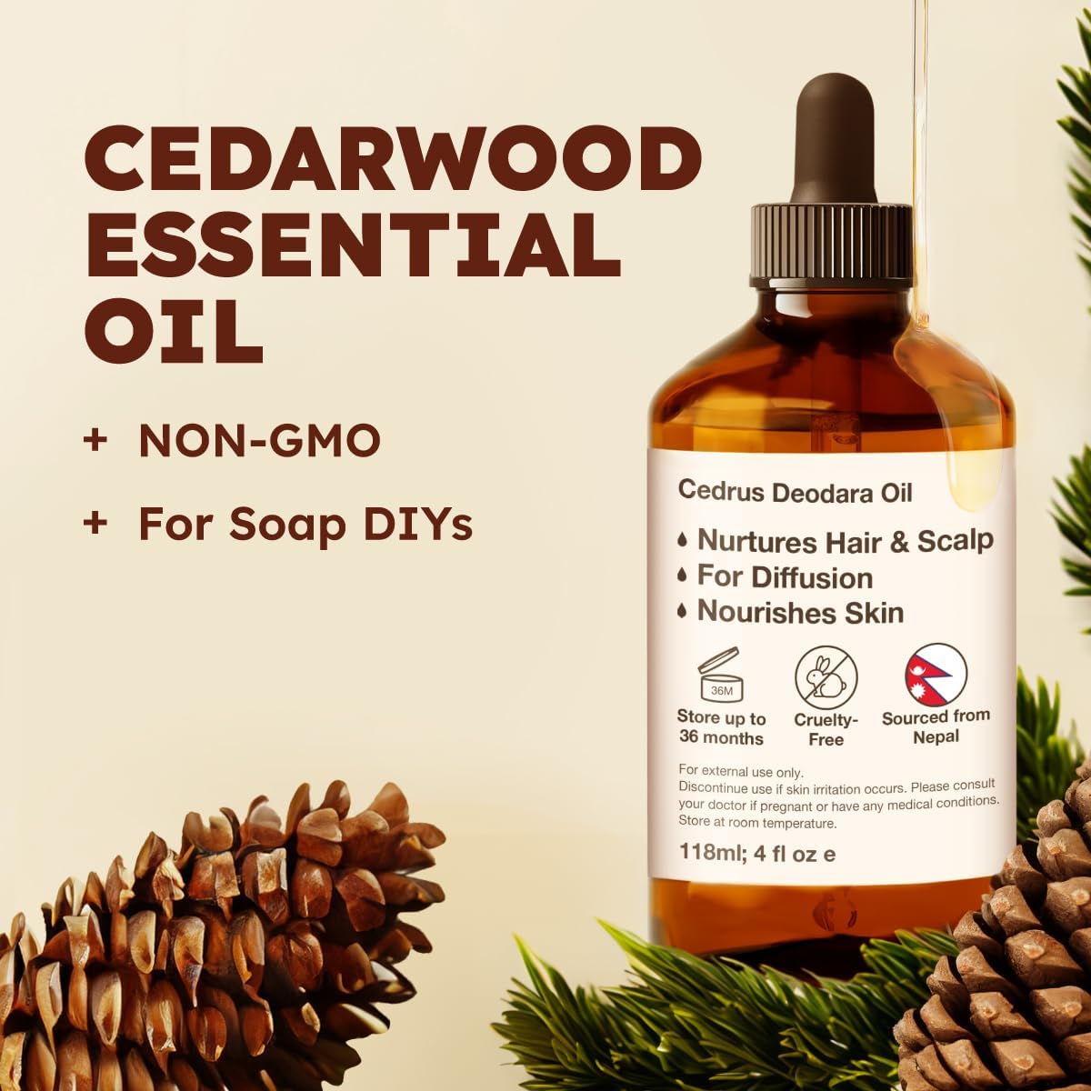Kukka Cedarwood Essential Oil for Hair Skin & Diffuser - 4 Fl Oz - Cedarwood Oil for Hair Aromatherapy, DIY Soap Making Scents