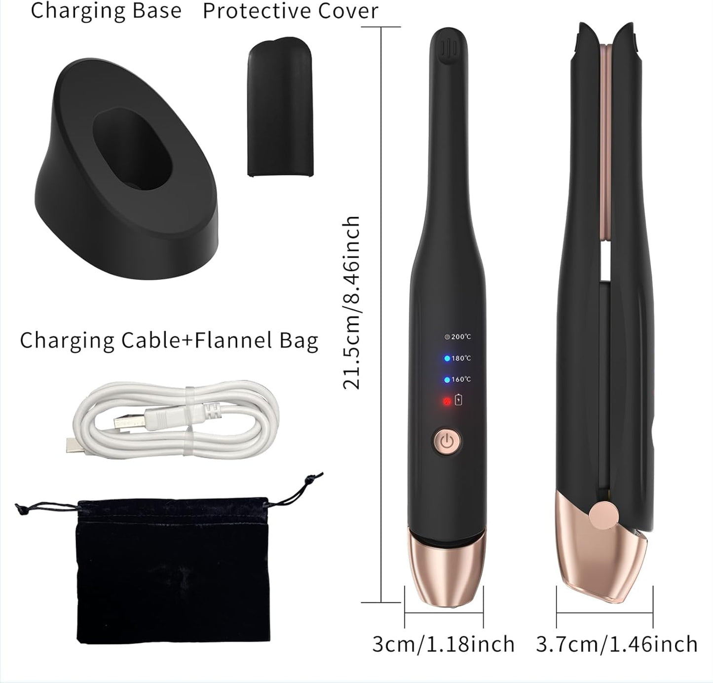 Mini Cordless Hair Straightener Portable Straight Curl Dual Purpose Hair Straightening Irons Fast Heating Hair Care with 3 Temperature Settings and Auto Shut-Off Hair Styling Tools for Women (Black)