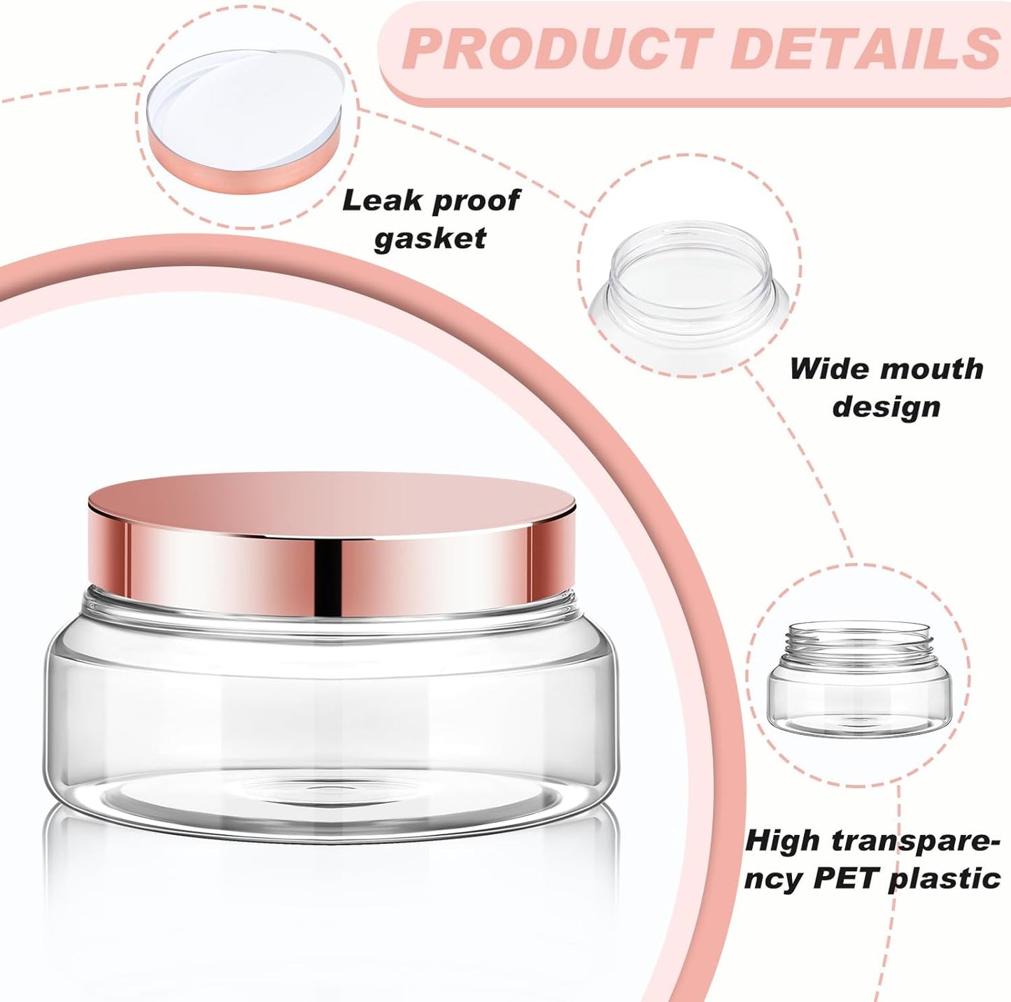 Tessco 24 Pack Plastic Jars with Lids Labels Empty Clear Plastic Jars Round Refillable Cosmetic Containers Body Butter Containers Bulk Sugar Scrub Bottle for Make Up(5 oz,Clear, Rose Gold)