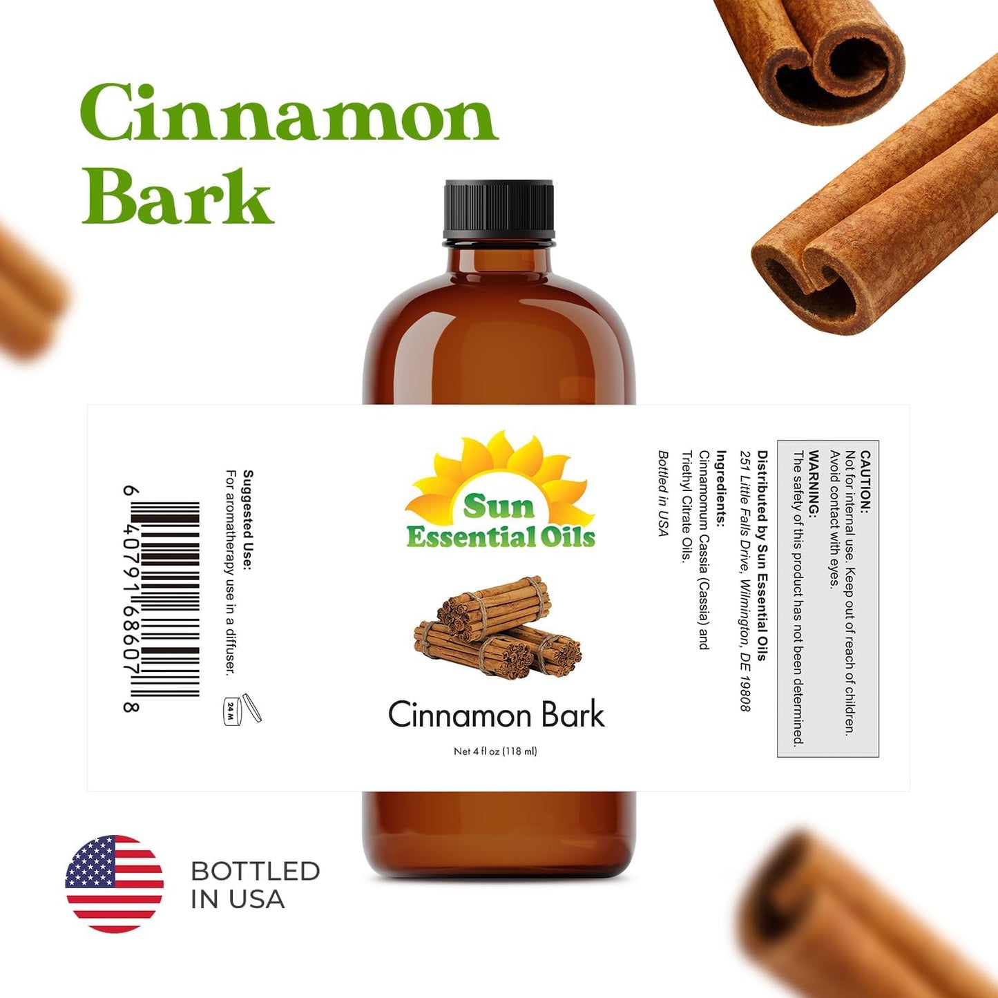 Sun Essential Oils - Cinnamon Bark Essential Oil (4 oz) with Dropper for Diffuser, Aromatherapy Massage, Skin & Hair, Fragrance for Candle, Soap & Lotion Making at Home