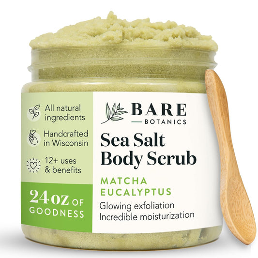 Bare Botanics Matcha Eucalyptus Body Scrub 24 oz - Naturally Scented Sea Salt Scrub Made in Madison, WI - Formulated w/Skin Loving Moisturizers - Vegan, Cruelty Free Exfoliator w/a Cute Wooden Spoon