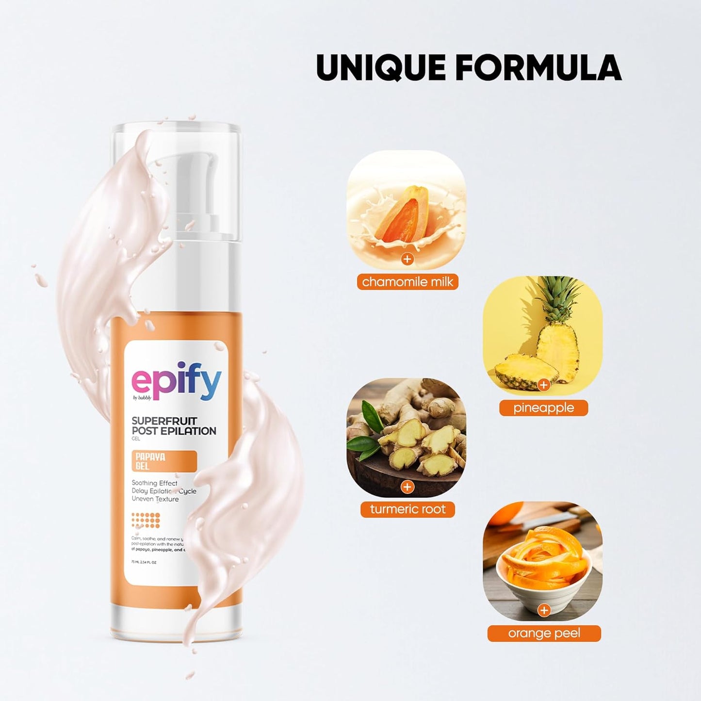 Epify Superfruit Post Epilation Papaya Gel, Hair Inhibitor for Face and Body, Non-Irritating Formula, Soothing Effect, Hair Growth Minimizer, 2.54 Fl Oz (1)