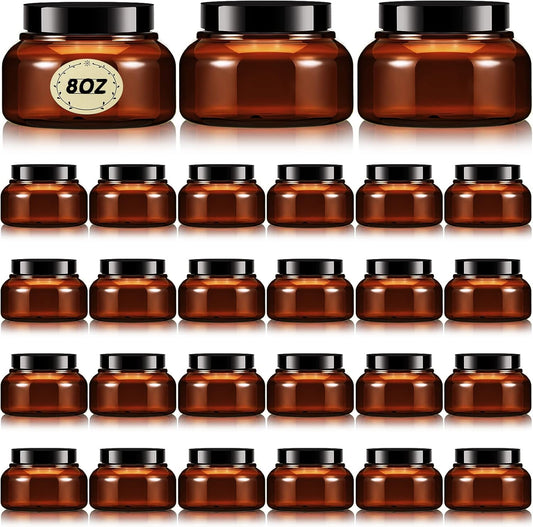 Tessco 24 Pack Plastic Jars with Lids Labels Empty Clear Plastic Jars Round Refillable Cosmetic Containers Body Butter Containers Bulk Sugar Scrub Bottle for Make Up(8 oz,Brown)