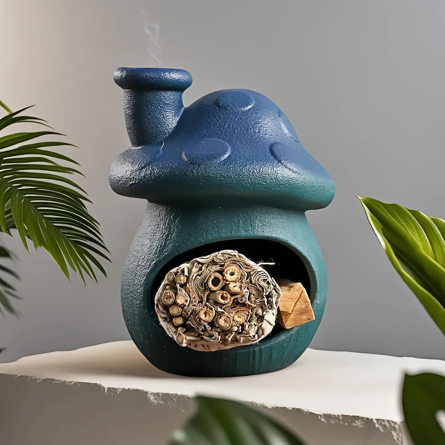 Mushroom Incense Holder, Brown Ceramic Palo Santo Holder Burner & Sage Holder - Mini Tabletop Chiminea Burner Tray with Ash Catcher, Cute Mushroom Decorations for Spiritual Meditation & Yoga