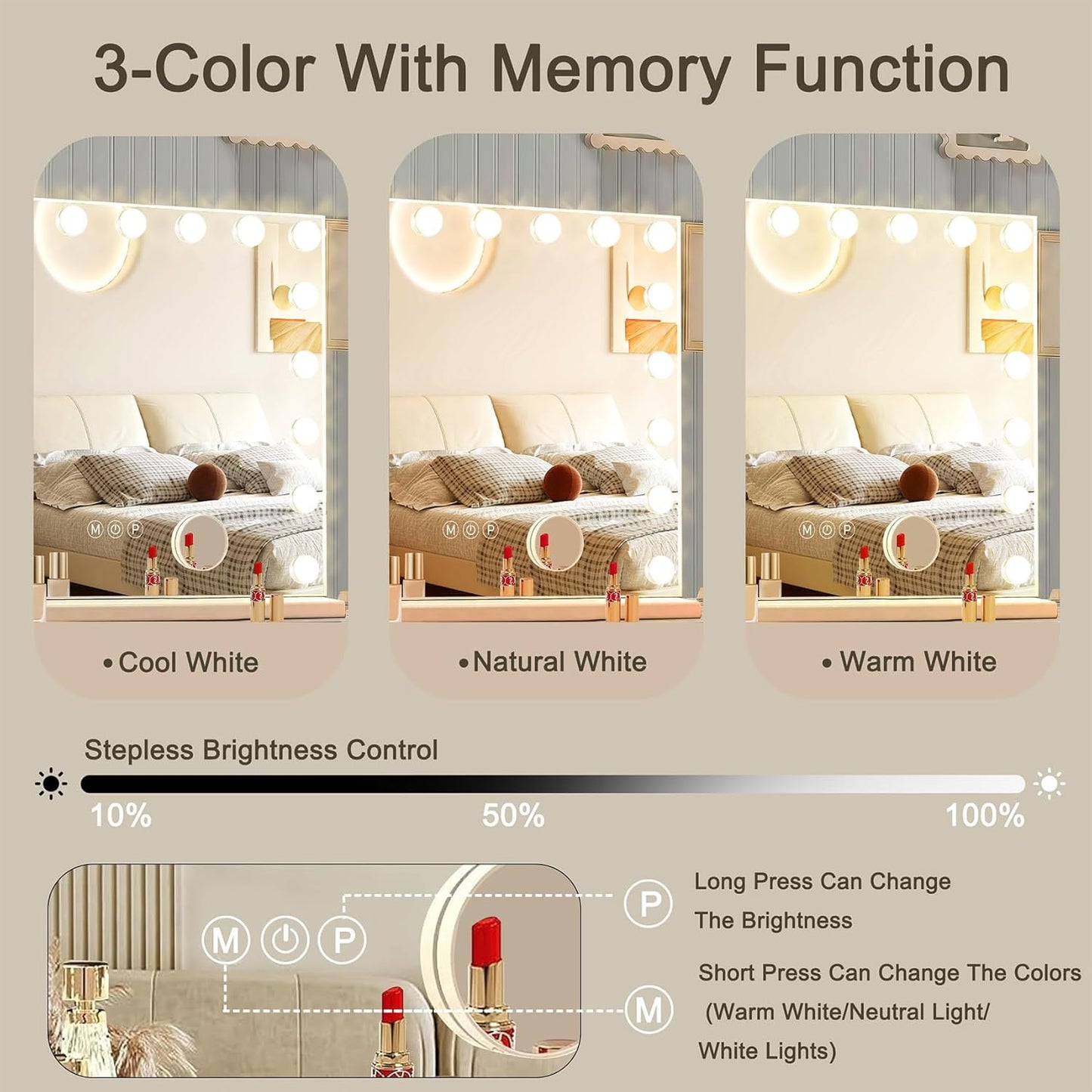 Hollywood Vanity Mirror with Lights, 18 Dimmable Bulbs, 3 Color Lights,Make Up Lighted Mirror, Aluminum Metal Frame, USB Charging Port（32" x 24"）