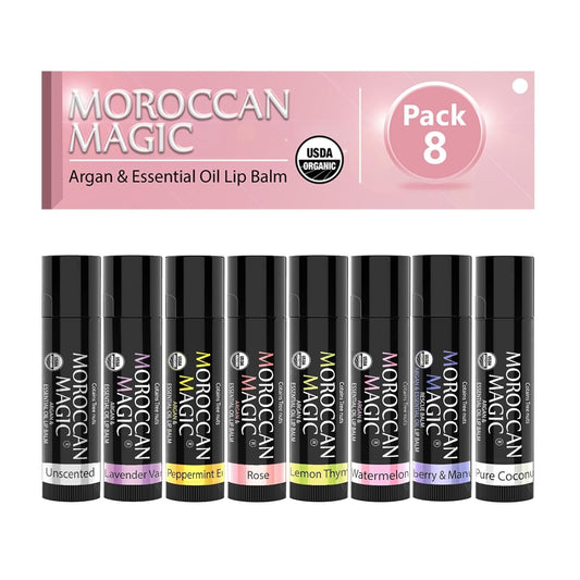 Moroccan Magic Organic Lip Balm Variety Pack Gift Set | Natural Argan and Essential Oils | Smooth | Non-Toxic Cruelty Free | 8 Pack