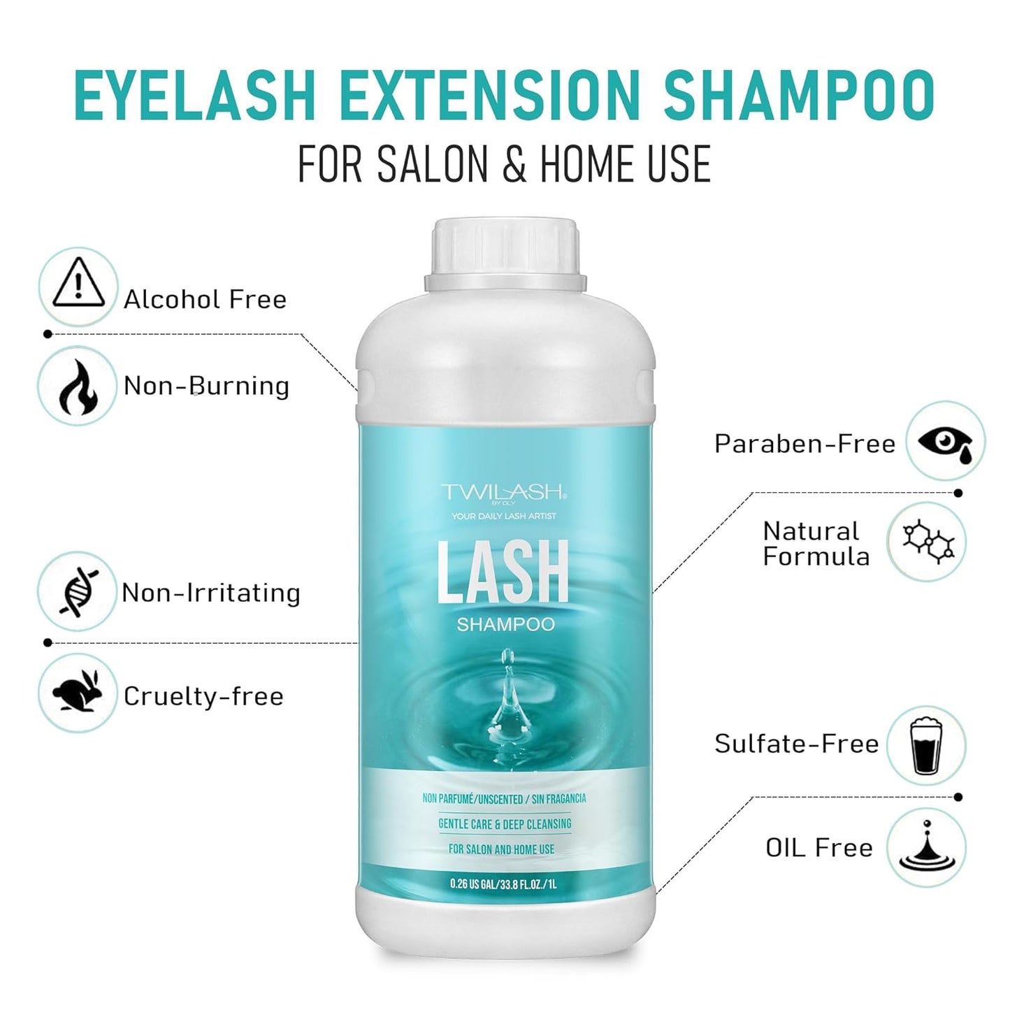 Lash Shampoo Bulk, Eyelash Cleanser for Extensions 1 Liter, Safe Makeup Remover, Non-irritating or Burning Formula Eyelid Foaming Cleanser for Professional Salon and Home Use (Unscented-1L)