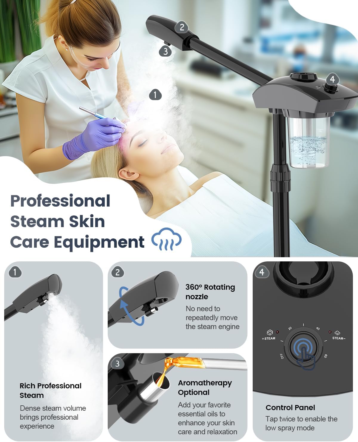 Kingsteam Professional Ozone Nano-Ionic Facial Steamer | Deep Cleansing Hydrating | Salon Home Spa Face Steamer | Pore Cleanser | 60-Min Timer | 360° Swivel | Esthetician Favorite Tool, Black
