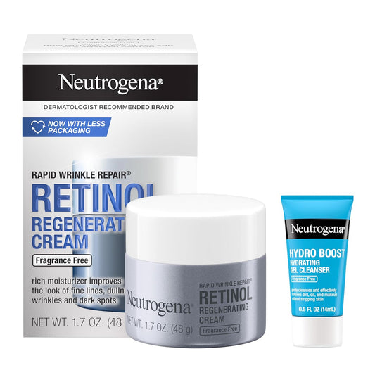 Neutrogena Rapid Wrinkle Repair Retinol Face Moisturizer, Fragrance Free, Anti-Aging Face Cream with Retinol & Hyaluronic Acid, 1.7 oz + Trial Size Hydro Boost Facial Cleanser, 0.5 fl. oz