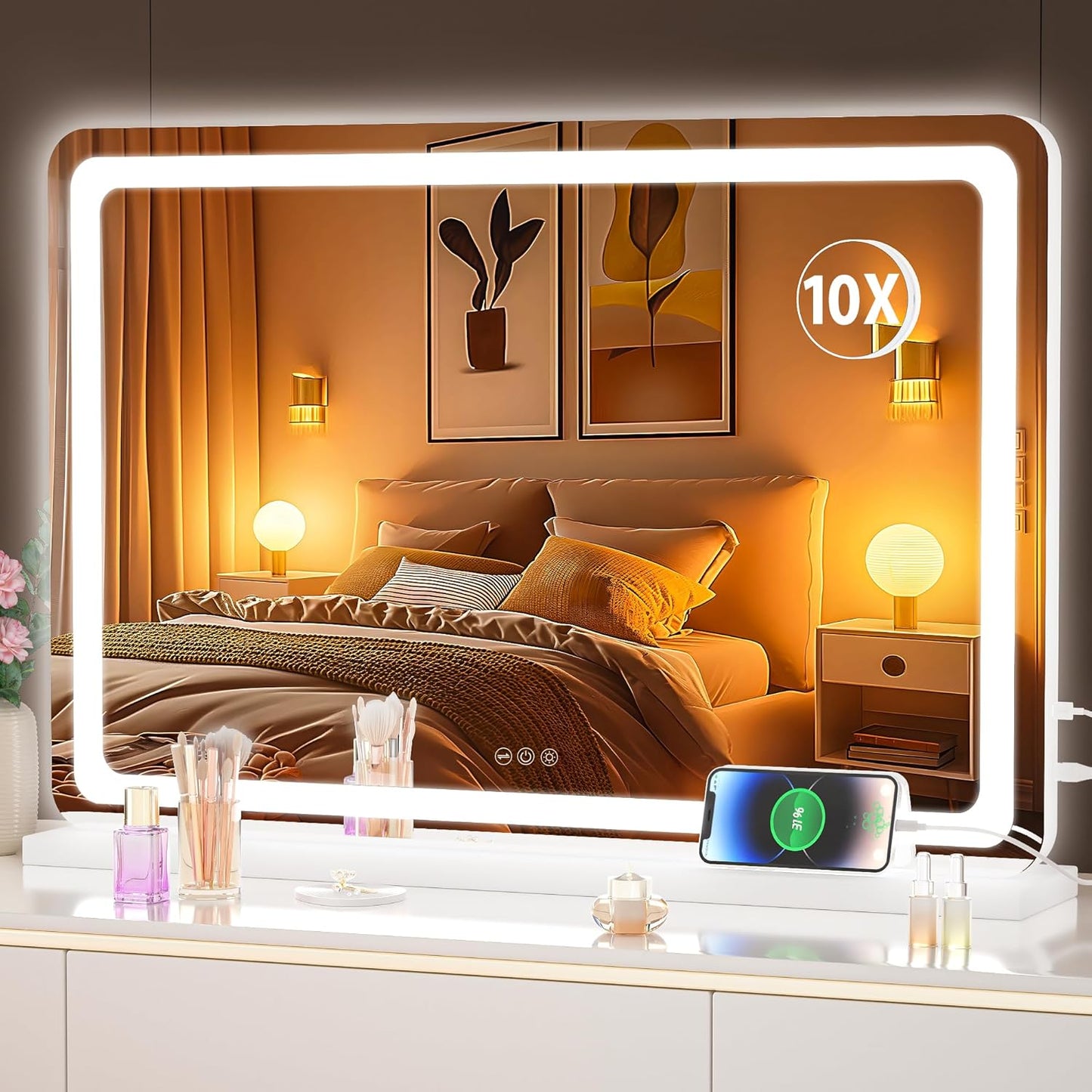 Hasipu Vanity Mirror with Lights, 31.5" x 20" LED Makeup Mirror, Lighted Makeup Mirror with Dimmable 3 Modes, Touch Screen Control Vanity Mirror Round White