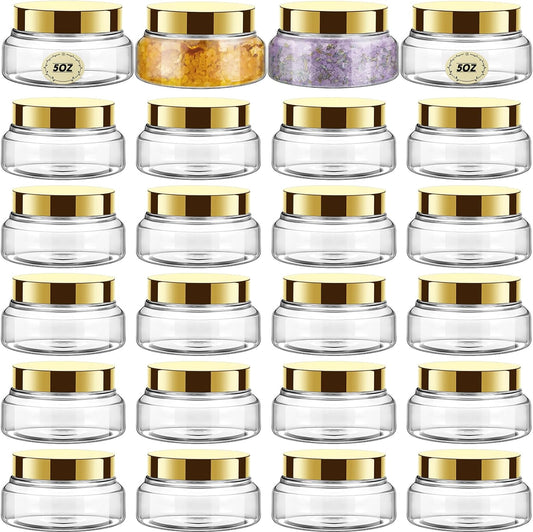Tessco 24 Pack Plastic Jars with Lids Labels Empty Clear Plastic Jars Round Refillable Cosmetic Containers Body Butter Containers Bulk Sugar Scrub Bottle for Make Up(5 oz,Gold)