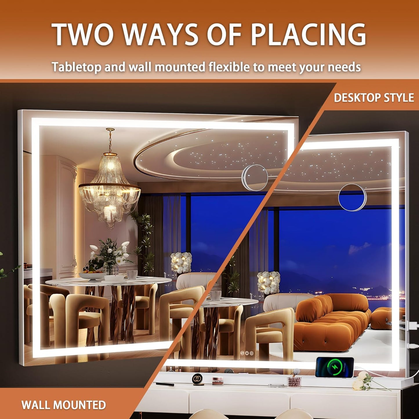 Hasipu Vanity Mirror with Lights, 47" x 30" LED Makeup Mirror, Lighted Makeup Mirror with Dimmable 3 Modes, Touch Screen Control Vanity Mirror Square White