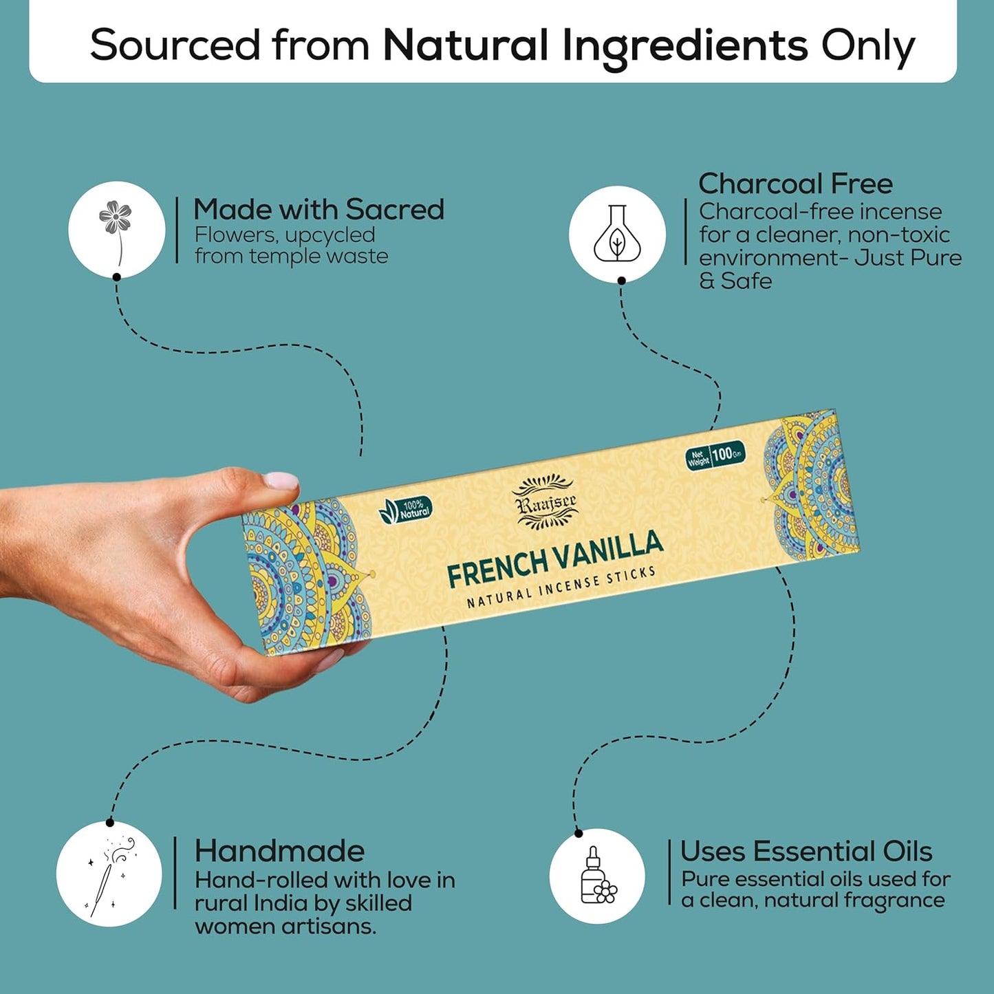 Raajsee French Vanilla Incense Sticks (180 gm), 100% Pure Organic Natural Hand Rolled Free from Chemicals - Perfect for Aromatherapy, Cleansing, Meditation, and Church (Pack of 12)