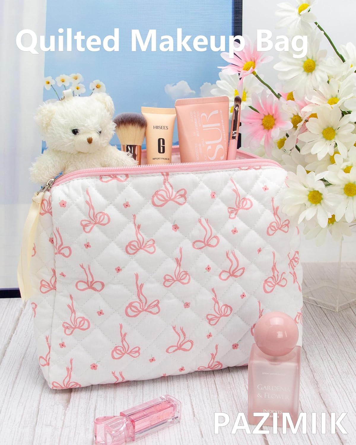 PAZIMIIK Quilted Makeup Bag Large Travel Zipper Soft Cosmetic Pouch for Women Girls Make Up,Bow Rose