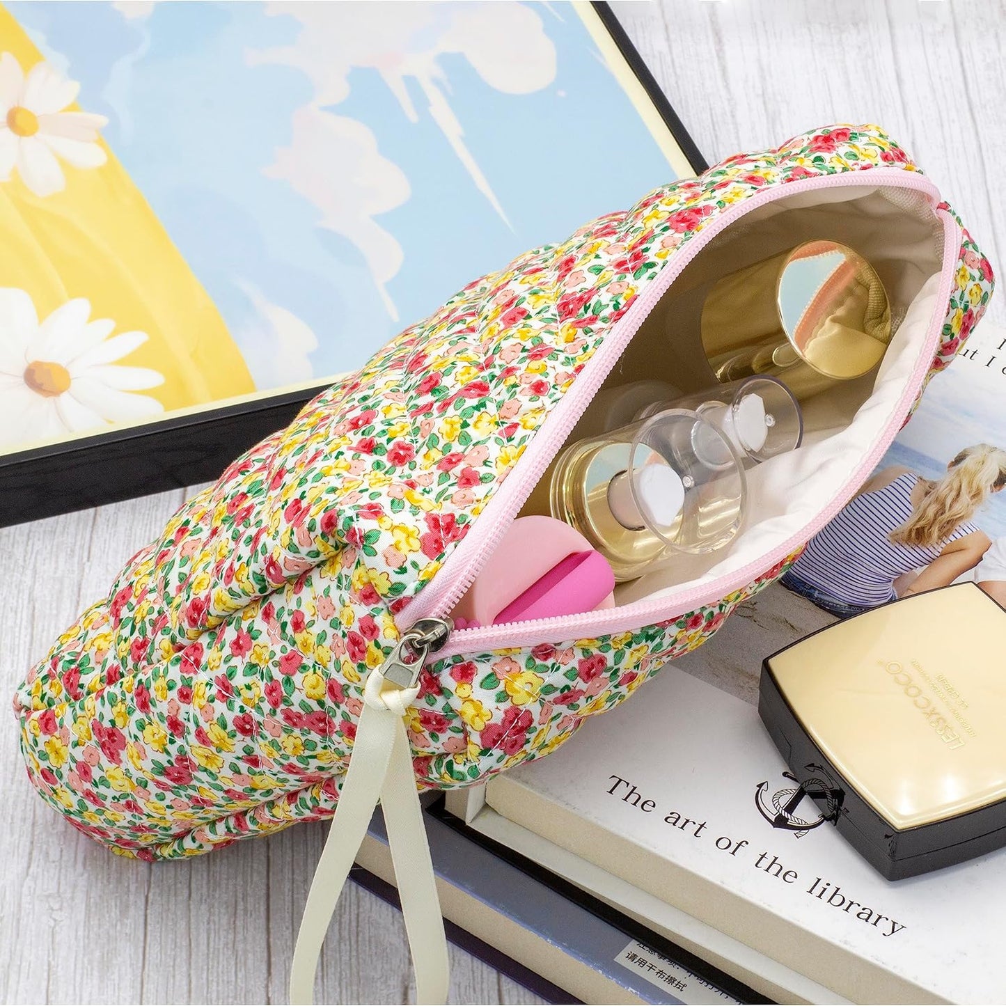 PAZIMIIK 3PCS Makeup Bag SET Large Travel Quilted Zipper Soft Cosmetic Case Pouch for Women Girls Make Up,Little Flower