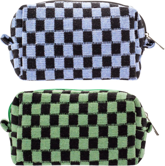 PAZIMIIK Checkered Makeup Bag for Purse Portable Zipper Make Up Pouch Small Cosmetic Case for Travel Accessories (2PCS Green Blue)