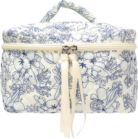 PAZIMIIK Quilted Makeup Bag Large Travel Zipper Soft Cosmetic Case for Women Girls Make Up,Flower White